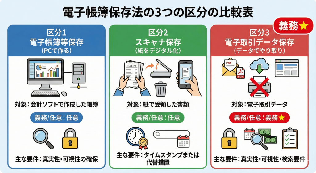 電子帳簿保存法の3つの区分の比較表