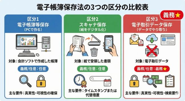 電子帳簿保存法の3つの区分の比較表