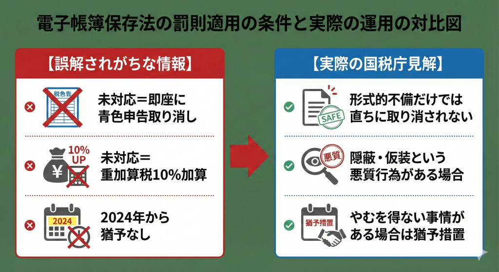 電子帳簿保存法の罰則適用の条件と実際の運用の対比図