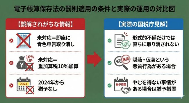 電子帳簿保存法の罰則適用の条件と実際の運用の対比図
