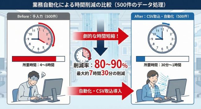 業務自動化による時間削減の比較（500件のデータ処理）