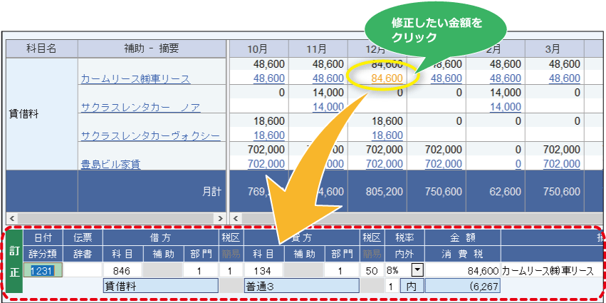 修正したい個所をクリックします