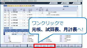 仕訳入力中にワンクリックで元帳、試算表、月計表へ移動できます