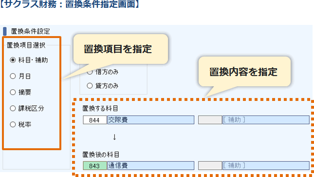 サクラス財務：置換条件指定画面