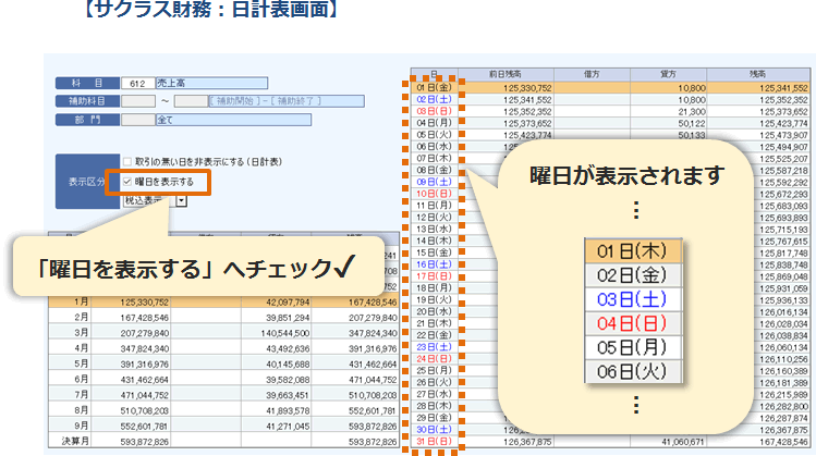 サクラス財務：日計表画面